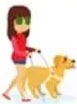 Ilustración de una persona ciega con perro guía y dos párrafos modelo en cuadros pastel.
