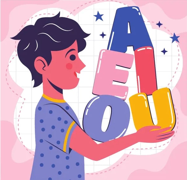 Ilustración de un niño sosteniendo las letras 'A', 'E', 'I', 'O', 'U' de colores; sobre fondo rosa con estrellas.