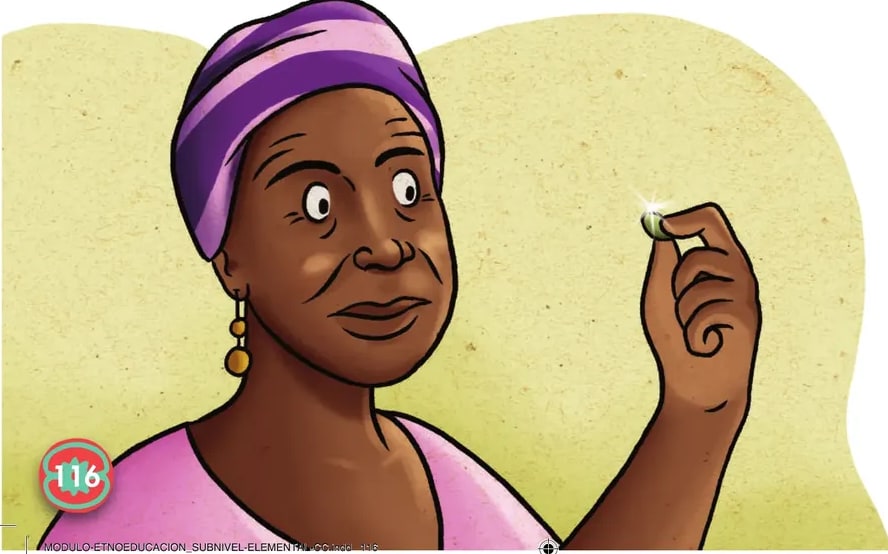 Ilustración de una mujer afroesmeraldeña mayor con turbante morado y bermellón, vestido floreado azul, sosteniendo entre los dedos una pequeña pepita de zapallo de color amarillo, mostrándola hacia delante con expresión de descubrimiento.