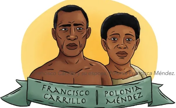 Retrato ilustrado de Francisco Carrillo y Polonia Méndez, dos figuras afroecuatorianas, con sus nombres en una cinta dorada debajo.