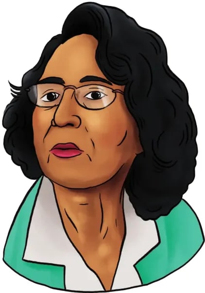 Retrato ilustrado de Luz Argentina Chiriboga: mujer afroecuatoriana de cabello rizado oscuro, lentes y blusa blanca con vivo verde; mirada serena y firme.