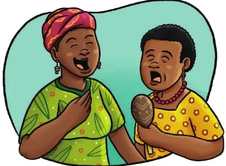 Ilustración de dos jóvenes afroecuatorianos cantando con micrófonos.