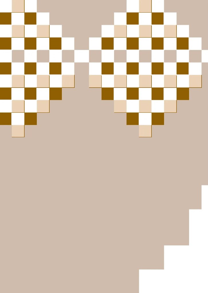 Motivo geométrico simétrico al de la izquierda, mismo patrón de damero en tres tonos: dorado oscuro, beige claro y blanco, formando figura piramidal escalonada.
