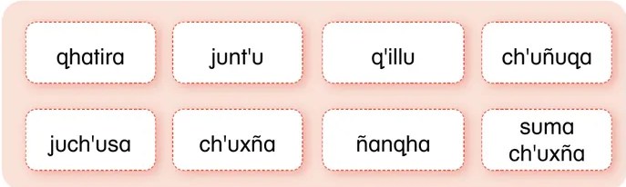 Recuadro rosado/salmón con 8 tarjetas de modificadores disponibles: qhatira, junt'u, q'illu, ch'uñuqa (fila 1) y juch'usa, ch'uxña, ñanqha, suma ch'uxña (fila 2). Banco de palabras para completar el ejercicio.