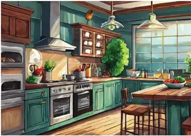 Foto de una cocina con armarios verdes, encimera y electrodomésticos.