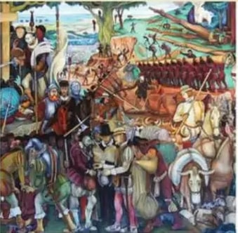 Mural de Diego Rivera sobre la Conquista española.