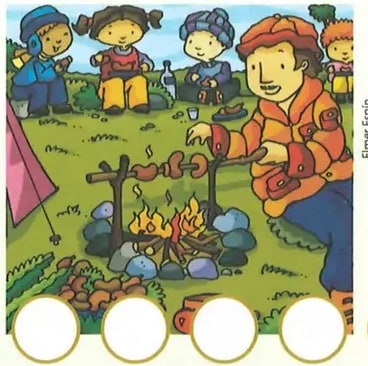 Escena de familia acampando: padre cocinando junto a fogata, niños observando.