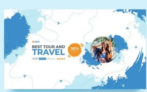 Cartel publicitario 'BEST TOUR AND TRAVEL 30% OFF' mostrado tanto en formato impreso como en pantalla.