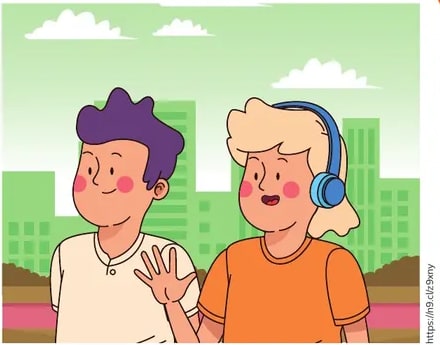 Dos niños conversando: uno usa audífonos y escucha mientras el otro habla.