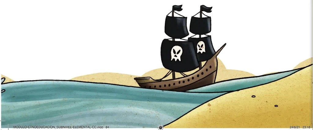 Ilustración de un barco pirata con tres velas decoradas con calaveras navegando sobre un mar con olas pintado en tonos azules y crema.