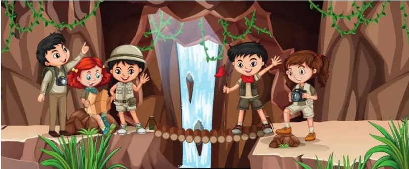 Ilustración de los cuatro amigos celebrando en una cueva con una cascada azul al fondo, sonrientes y agitando los brazos.