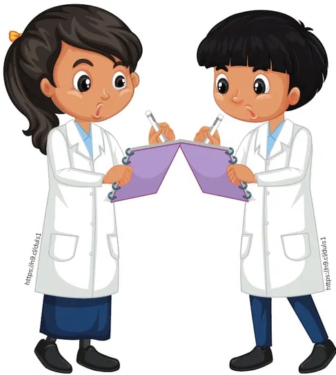 Ilustración de dos niños científicos (niña y niño) con batas de laboratorio sosteniendo carpetas moradas.