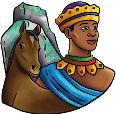 Ilustración estilizada de un rey africano joven con turbante rojo, túnica azul con bordes dorados y collares de oro; sostiene una espada y está acompañado por un caballo marrón. Representa probablemente a Mansa Musa.
