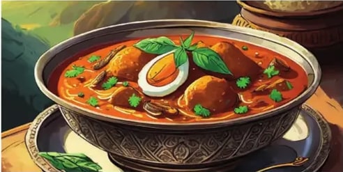Ilustración de un plato hondo de curry indio con carne, huevo y hojas verdes de cilantro.