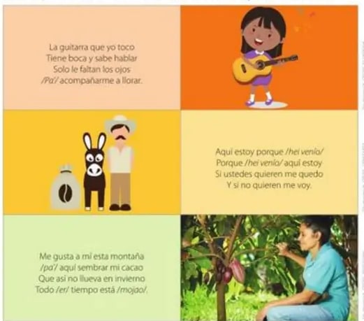 Tres viñetas con coplas costeñas, ilustradas con guitarra, burro con sacos de café y manos cosechando cacao.