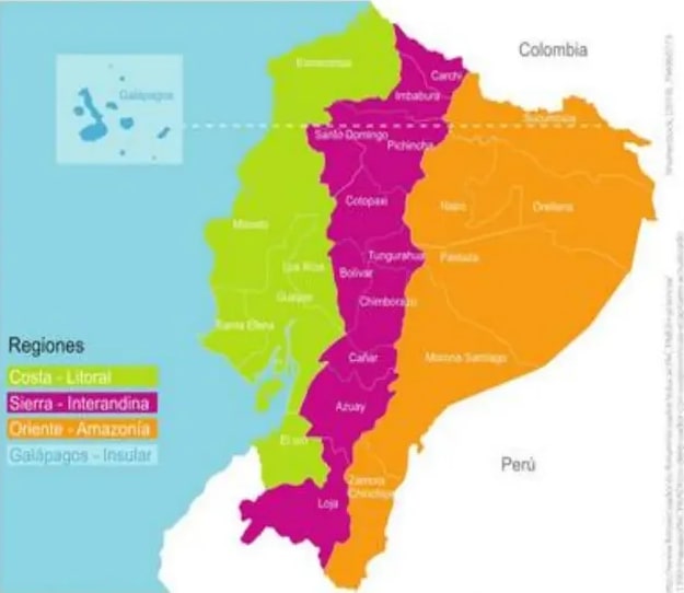 Mapa político del Ecuador con regiones coloreadas: Costa (amarillo), Sierra (rosa), Oriente (naranja), Galápagos (gris).