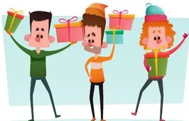 Ilustración de tres personas con regalos y expresión de sorpresa (representa Surprise).
