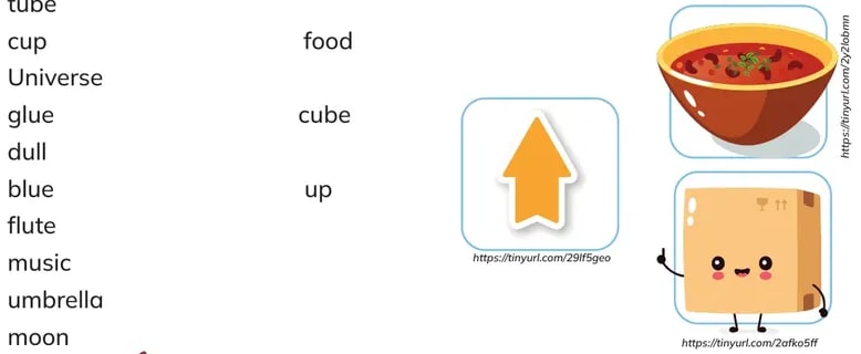 Lista vertical de palabras con U, y tres iconos: una flecha hacia arriba (up), un cubo con cara feliz (cube), un cuenco de sopa (food).