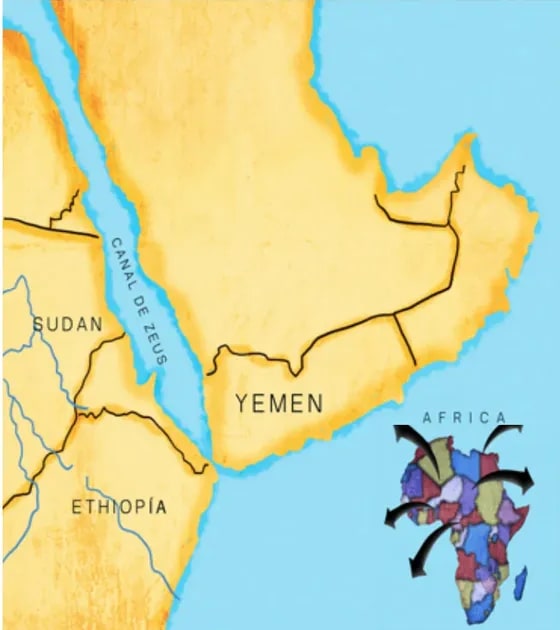 Mapa con la zona del Mar Rojo, Sudán, Etiopía, Yemen y el 'Canal de Zeus', con flechas desde África hacia Yemen.