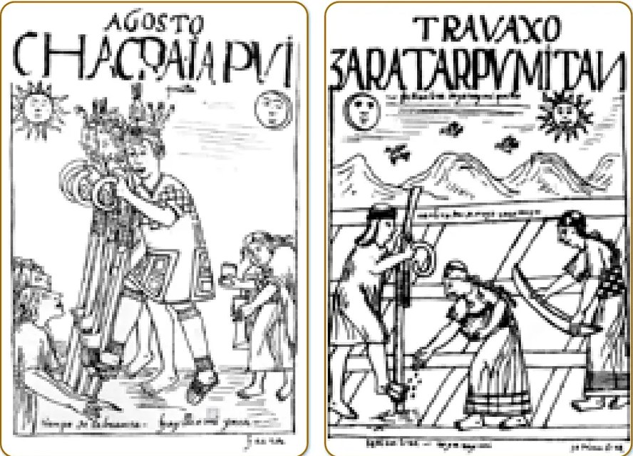 Grabado de Felipe Guaman Poma de Ayala titulado 'ZARATARPVMITAV TRAVAXO' representando el tiempo de siembra del maíz (Zara Tarpuy Mitay), con figuras humanas sembrando. Pertenece a la crónica 'Nueva corónica y buen gobierno' (c. 1615). Estilo de ilustración colonial andina.