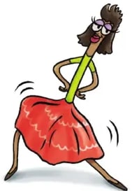 Niña afroecuatoriana de vestido rojo bailando con una escoba (cuyo mango y cerdas estilizan la 'señorita larga'). Ilustra la segunda adivinanza.