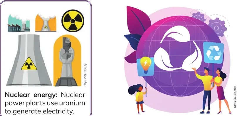 Tarjeta con planta nuclear con chimeneas de torre de enfriamiento, símbolo radiactivo amarillo y trabajador con traje de protección.