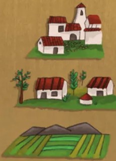 Cuatro ilustraciones verticales: 1) Casas pequeñas con techo rojo sobre pasto (wasikuna). 2) Troncos de madera apilados (kaspi wasi). 3) Bloques de adobe/piedra grises (mitu wasi). 4) Ladrillos de cemento rojizos (cemento wasi).