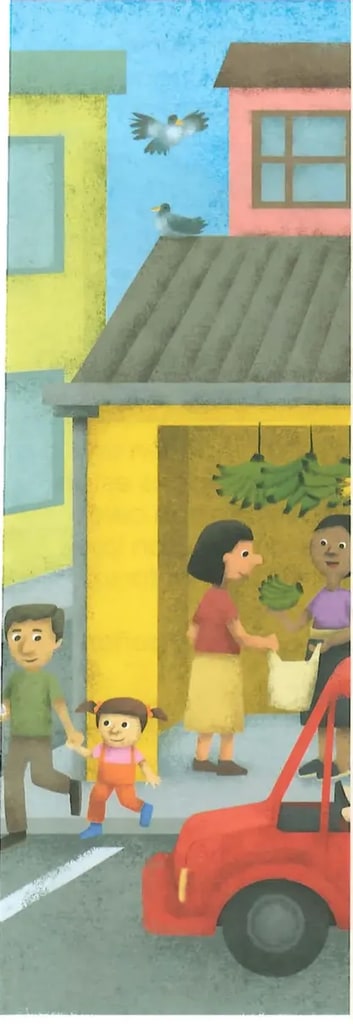 Calle con frutería, niños, automóvil rojo y paloma.