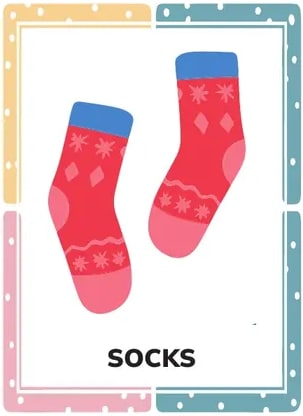 Tres tarjetas: SOCKS, SUNGLASSES, PAJAMAS.