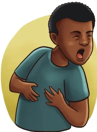 Ilustración del niño Tino con cabello afro, camiseta verde-azulada, sosteniéndose la barriga con expresión de dolor.