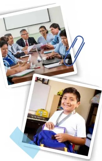 Collage de dos fotografías: docentes reunidos en una mesa de trabajo y un niño con uniforme escolar sonriendo.