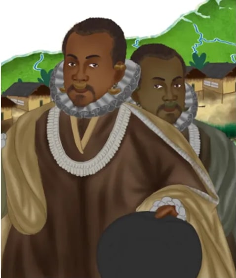 Retrato ilustrado de Alonso de Illescas: hombre afrodescendiente joven sobre fondo solar amarillo.