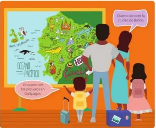 Mapa de Ecuador con íconos turísticos: Galápagos, animales, montañas, ciudades; familia (tres niños y dos adultos) observando el mapa.