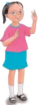 Ilustración de una niña con gafas, camisa rosada y falda turquesa, levantando la mano para pedir la palabra durante un diálogo.