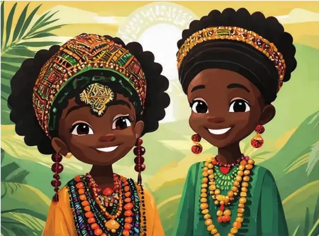 Ilustración de dos niñas africanas sonrientes con turbantes coloridos con patrones tradicionales, vestimenta verde y naranja, y múltiples collares de cuentas brillantes.