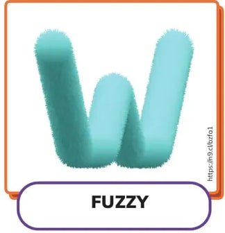 Letra 'W' grande con textura peluda turquesa, dentro de una tarjeta con borde naranja, etiqueta 'FUZZY'.