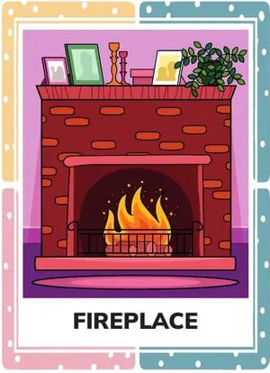 Tarjeta FIREPLACE con chimenea encendida.