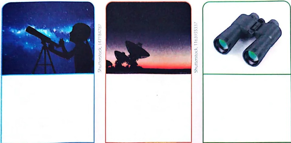 Dibujos a lápiz de varios objetos espaciales: Sputnik, telescopio Hubble, antena radiotelescopio, satélite, sonda Voyager, asteroide y cometa