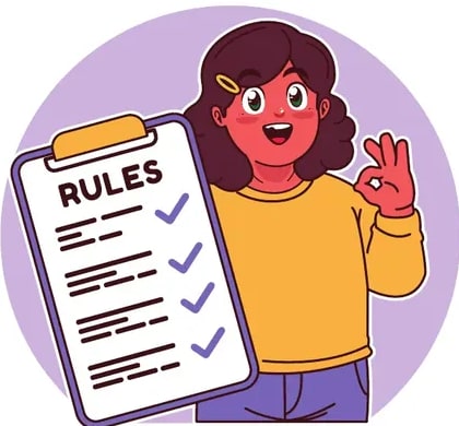 Personaje femenino con suéter amarillo sosteniendo un portapapeles con la palabra 'RULES' y haciendo el gesto OK.
