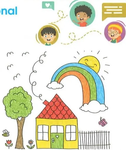 Ilustración infantil de casa con árbol, arcoíris y sol.