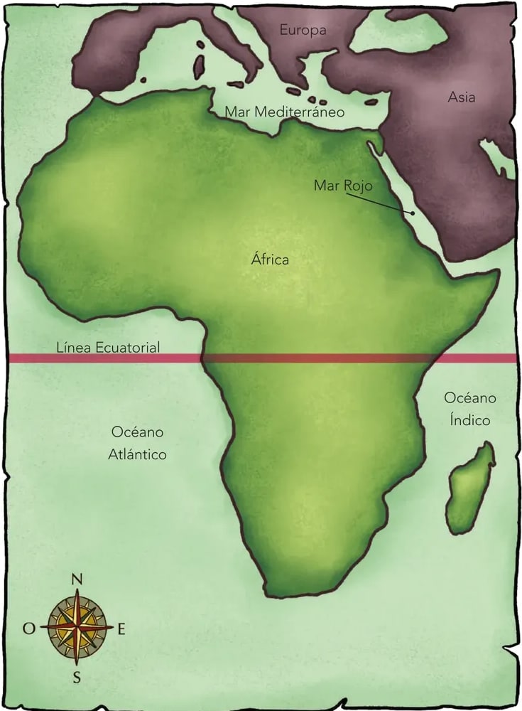 Mapa ilustrado a mano del continente africano en color verde claro sobre fondo amarillento; al norte se ven fragmentos de Europa y Asia (en violeta); está rotulado Mar Mediterráneo, Mar Rojo, África, Línea Ecuatorial (banda roja), Océano Atlántico, Océano Índico, y una rosa de los vientos con puntos cardinales N/E/S/O.
