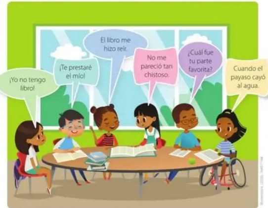 Mosaico de seis escenas mostrando conversaciones con actitudes diversas (positivas y negativas) en el aula y entre pares.