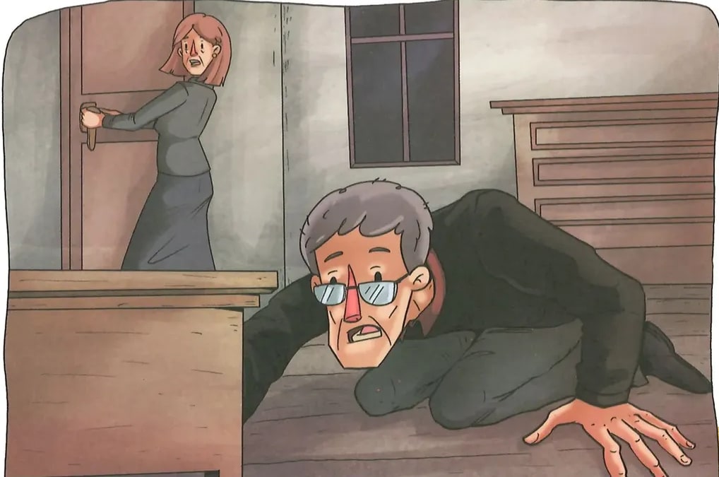 Ilustración a color que ocupa la mitad inferior de la página. Muestra dos escenas simultáneas: a la izquierda, la señora White intentando abrir la puerta de entrada; a la derecha, el señor White arrodillado en el suelo buscando la pata de mono con expresión de terror. La ilustración captura el momento más intenso del desenlace.