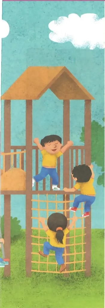 Niños jugando en estructura de madera (parque infantil).