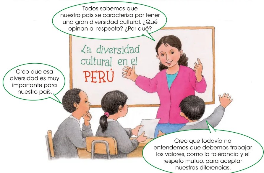Ilustración de un aula de clase: una maestra con blusa rosada señala un pizarrón donde se lee 'La diversidad cultural en el PERÚ'. Tres estudiantes (dos niñas y un niño con uniformes grises) escuchan y participan. Globos de diálogo muestran las opiniones de los estudiantes y la pregunta de la maestra.