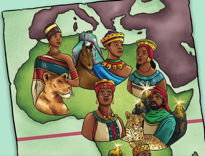 Ilustración a sangre del título 'Cuarto de básica' en blanco sobre fondo verde; debajo, un mapa estilizado del continente africano con figuras de varias personas africanas (hombres y mujeres en vestimentas tradicionales), un león y un guepardo. Imagen colorida e inclusiva.