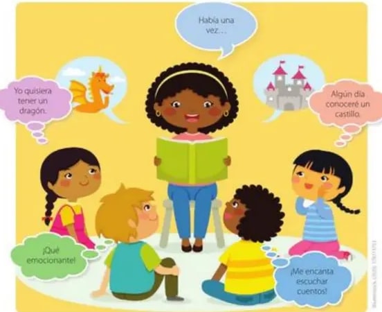 Escena con maestra leyendo a cuatro niños sentados en el suelo.