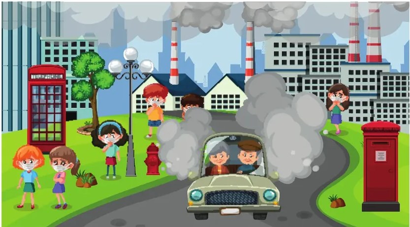Tres personas caminando con tapabocas en una ciudad gris con humo.