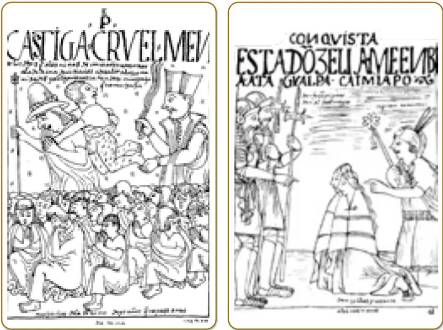Dibujo histórico de Felipe Guamán Poma de Ayala sobre el estado de la conquista (ESTADOSELLAMEVIB / COMQVISTA). Imagen en blanco y negro estilo crónica colonial del siglo XVII con texto en español antiguo ('IAGVALBA-CAIMLAPOS') que representa la nueva estructura de poder impuesta por la conquista española.