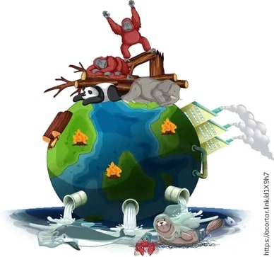 Ilustración alegórica del planeta con animales (orangután, panda, koala) huyendo por la deforestación y derrames.